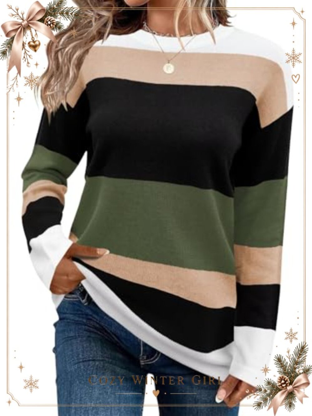 Womens Casual Color Block Tunic Long Sleeve Loose Fit Knit Sweater
